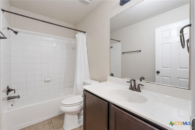 bathroom with vanity, tile patterned flooring, toilet, and shower / bathtub combination with curtain