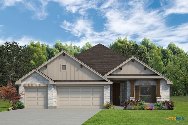 10712 Campsite Cv, Temple, TX 76502 - craftsman-style home with stone siding, board and batten siding, a garage, a front lawn, and concrete driveway