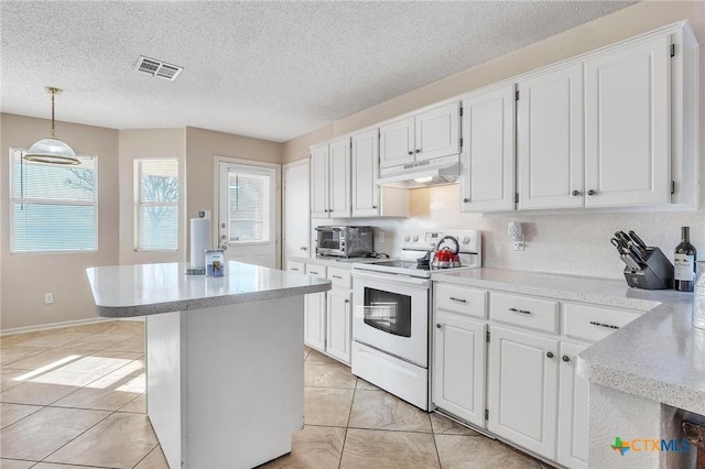 kitchen featuring white cabinets, white range with electric cooktop, and hanging light fixtures