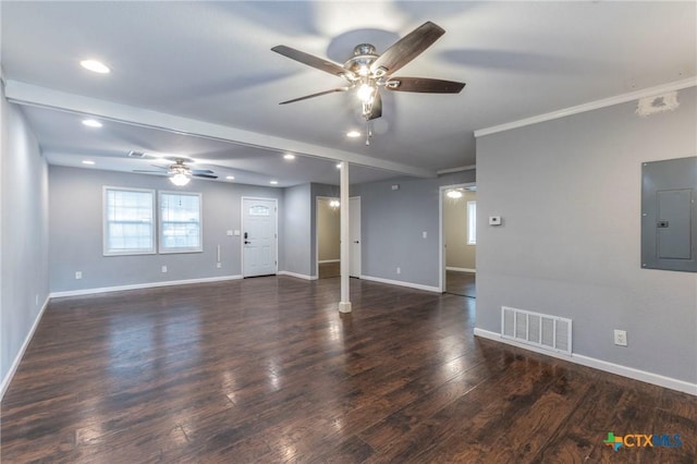 1109 Meadow Dr, Killeen, TX 76549 - unfurnished living room with electric panel, ceiling fan, recessed lighting, wood finished floors, and baseboards