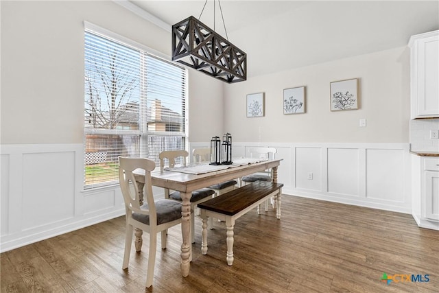 dining space featuring wood finished floors, wainscoting, and a decorative wall