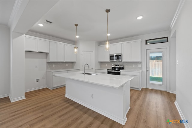 kitchen featuring white cabinets, sink, stainless steel appliances, and a center island with sink