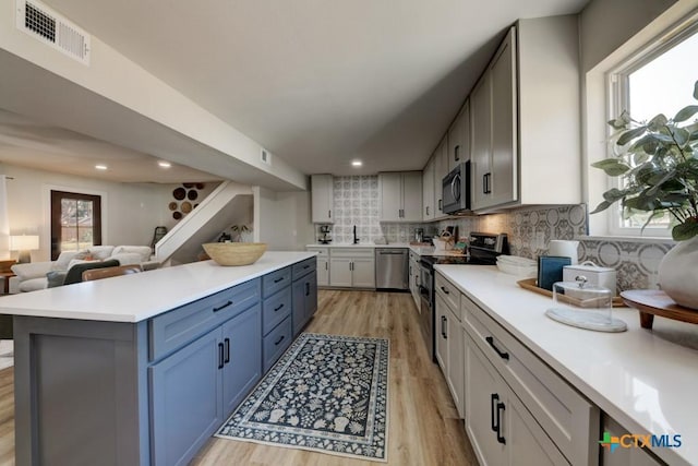 kitchen with decorative backsplash, light wood-type flooring, stainless steel appliances, and plenty of natural light