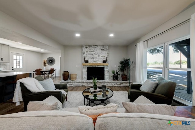 living room featuring a fireplace and hardwood / wood-style flooring