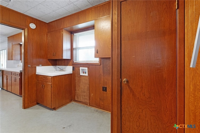 kitchen featuring light carpet, sink, and wood walls