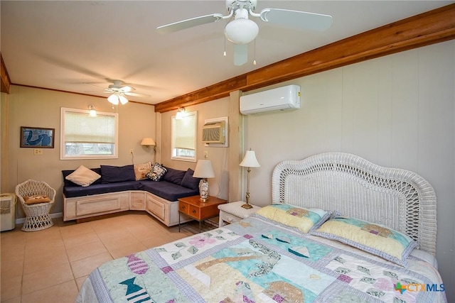 1551 Bayview Dr, Palacios, TX 77465 - bedroom featuring an AC wall unit, ceiling fan, and light tile patterned floors