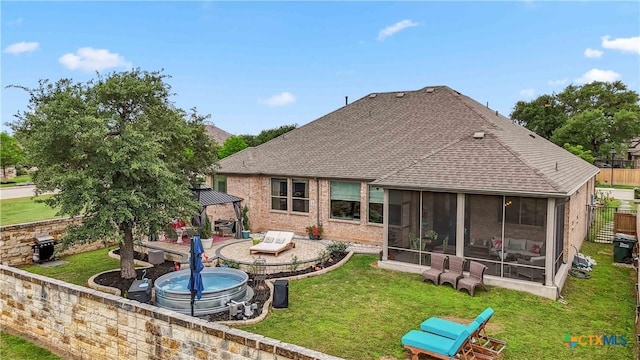 1404 Andalucia Dr, San Marcos, TX 78666 - rear view of property featuring a gazebo, a patio, a sunroom, and a shingled roof