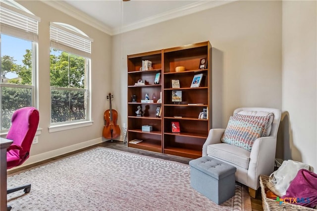 1404 Andalucia Dr, San Marcos, TX 78666 - living area with crown molding, wood finished floors, and baseboards