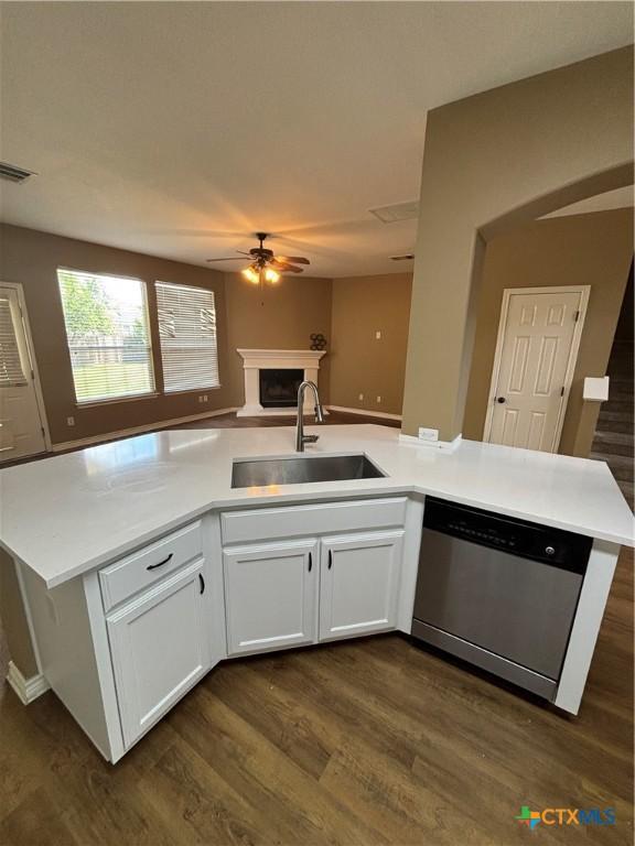 322 Lone Star Blvd, Hutto, TX 78634 - kitchen featuring dishwasher, a sink, ceiling fan, dark wood-style floors, and a fireplace with raised hearth