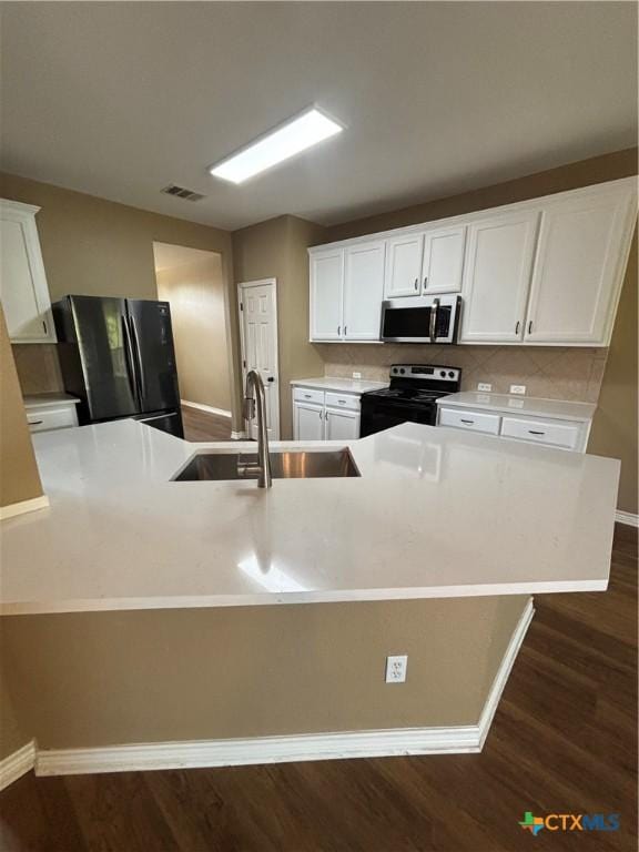 322 Lone Star Blvd, Hutto, TX 78634 - kitchen featuring electric stove, freestanding refrigerator, stainless steel microwave, a sink, and dark wood-style flooring