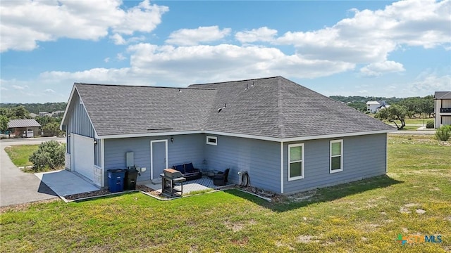 rear view of house featuring a patio area, a lawn, and an outdoor living space