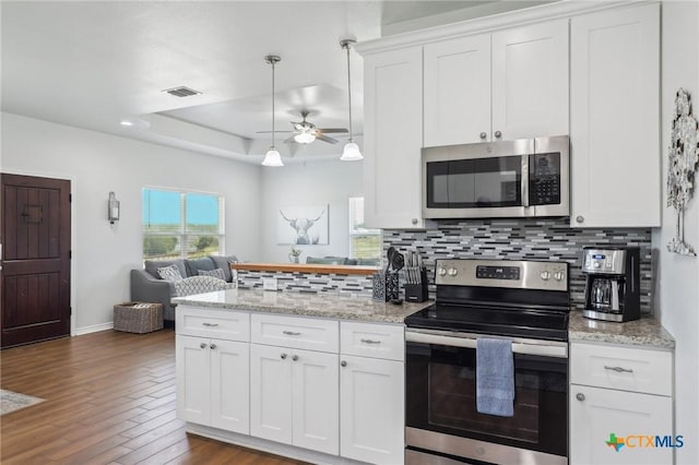 kitchen with appliances with stainless steel finishes, white cabinets, a raised ceiling, and decorative backsplash