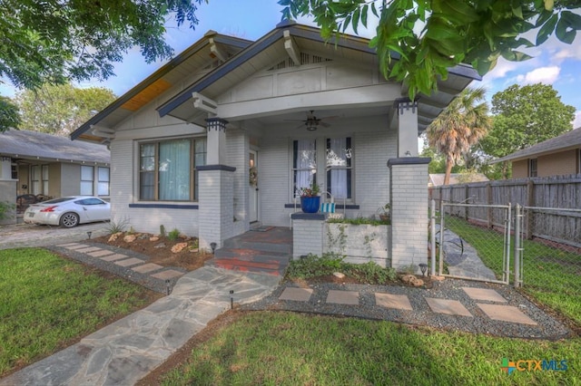 8 Herry Ct, New Braunfels, TX 78130 - view of front of home featuring brick siding, ceiling fan, and covered porch