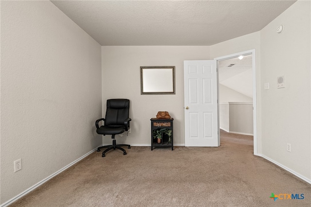 sitting room with a textured ceiling and carpet flooring