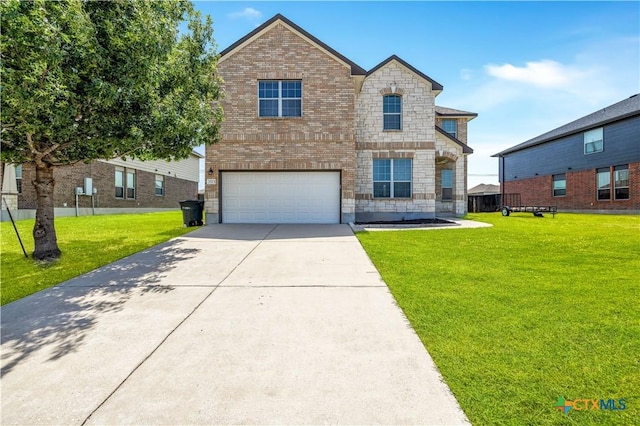 2523 Red Fern Dr, Harker Heights, TX 76548 - french country style house featuring a garage, concrete driveway, a front yard, stone siding, and brick siding