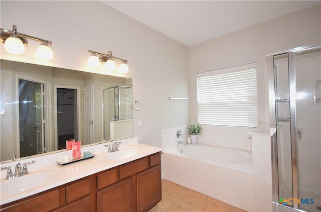 2009 Sandy Point Rd, Harker Heights, TX 76548 - full bath featuring a garden tub, a stall shower, double vanity, and tile patterned flooring