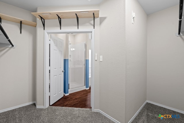 spacious closet with dark colored carpet