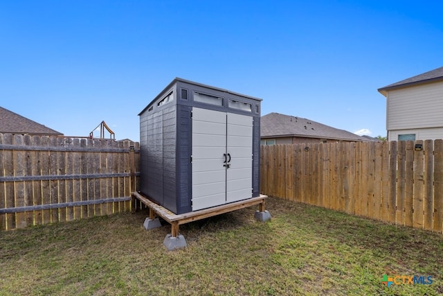 view of shed with a fenced backyard