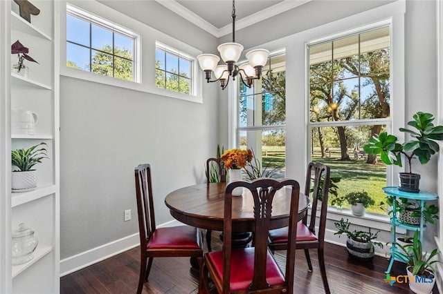 dining area with an inviting chandelier, ornamental molding, built in features, and dark hardwood / wood-style flooring