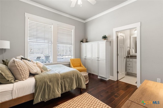 bedroom with ceiling fan, ensuite bathroom, dark hardwood / wood-style floors, and ornamental molding