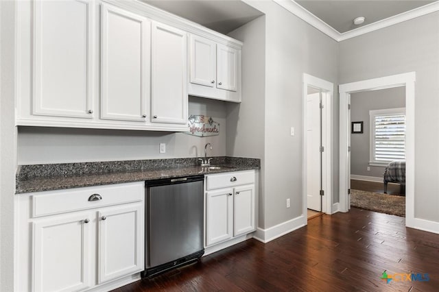 kitchen with dark hardwood / wood-style floors, dishwasher, crown molding, white cabinets, and sink