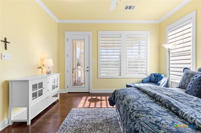 bedroom with ceiling fan, access to exterior, crown molding, and dark hardwood / wood-style floors