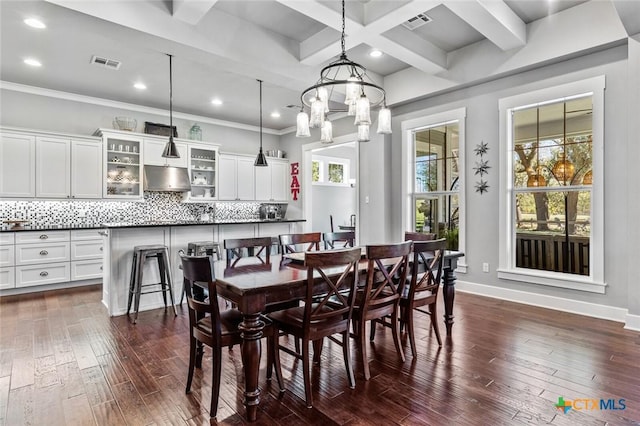 dining room featuring dark wood-type flooring, ornamental molding, coffered ceiling, and beamed ceiling