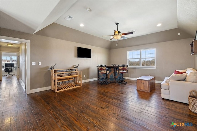 428 Colorado Dr, Cedar Creek, TX 78612 - living room featuring lofted ceiling, hardwood / wood-style flooring, a ceiling fan, baseboards, and recessed lighting