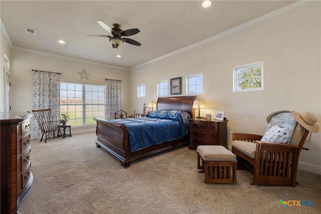 428 Colorado Dr, Cedar Creek, TX 78612 - bedroom with carpet, ornamental molding, recessed lighting, baseboards, and a ceiling fan