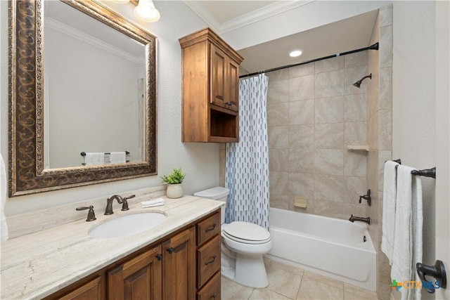 full bathroom featuring shower / bathtub combination with curtain, toilet, crown molding, tile patterned floors, and vanity