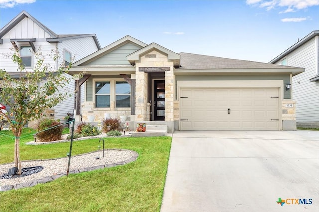 view of front of home featuring a garage, stone siding, concrete driveway, and a front lawn