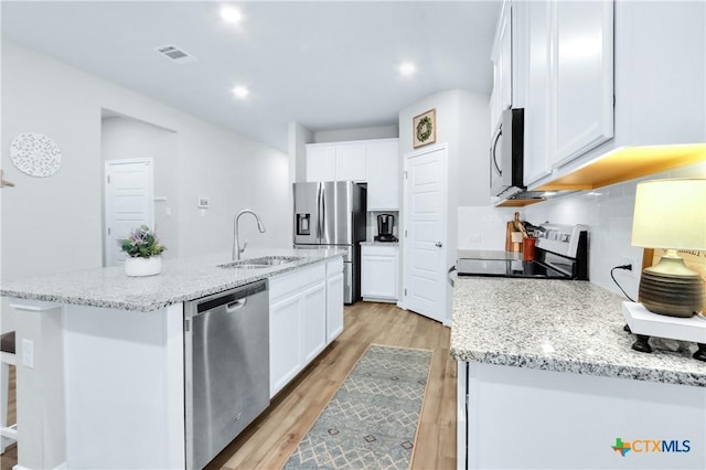 kitchen with visible vents, an island with sink, a sink, white cabinetry, and appliances with stainless steel finishes