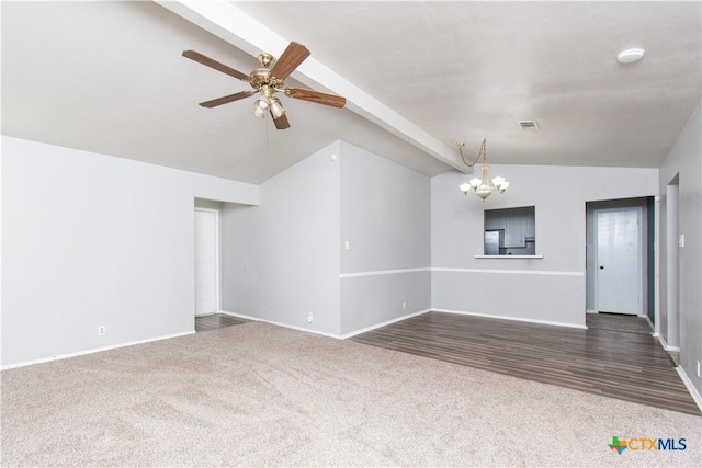 2709 San Jacinto Rd, Temple, TX 76502 - unfurnished living room featuring a chandelier, baseboards, a ceiling fan, and dark carpet