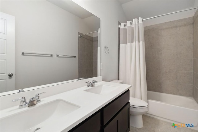 109 Cypress Hills Rd, San Marcos, TX 78666 - full bathroom with tile patterned flooring, double vanity, and shower / tub combo with curtain