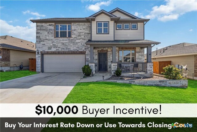 109 Cypress Hills Rd, San Marcos, TX 78666 - view of front of house featuring covered porch, a front lawn, and an attached garage