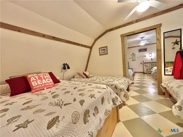 604 N 14th St, Port Oconnor, TX 77982 - bedroom featuring tile patterned floors, lofted ceiling, a ceiling fan, and crown molding