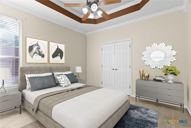 bedroom with a closet, a raised ceiling, carpet flooring, and crown molding