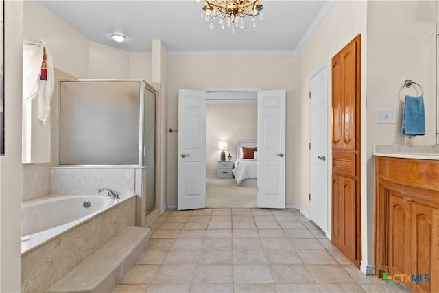 full bath with a chandelier, a garden tub, vanity, ornamental molding, and a stall shower