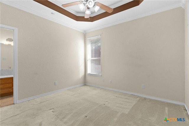 spare room featuring ornamental molding, a tray ceiling, baseboards, and light colored carpet