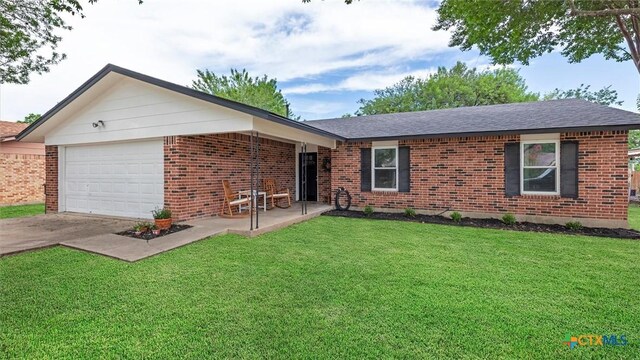 1406 Shannon Cir, New Braunfels, TX 78130 - ranch-style house with brick siding, a front yard, roof with shingles, a garage, and concrete driveway