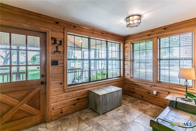 doorway with wooden walls and a wealth of natural light