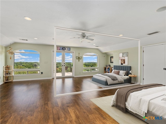 bedroom with vaulted ceiling, dark wood-type flooring, access to exterior, and french doors