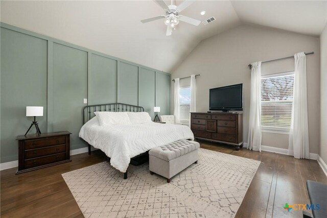 2015 Th Jones Mill Way, Salado, TX 76571 - bedroom featuring a decorative wall, dark wood-type flooring, lofted ceiling, ceiling fan, and baseboards