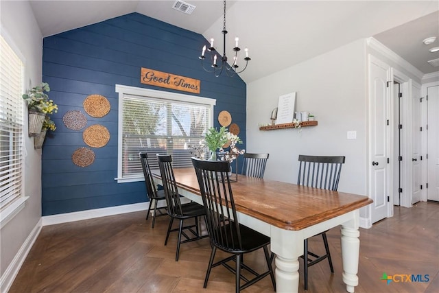 2015 Th Jones Mill Way, Salado, TX 76571 - dining area featuring vaulted ceiling, a chandelier, wooden walls, and baseboards