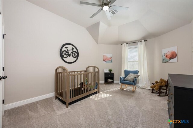 2015 Th Jones Mill Way, Salado, TX 76571 - carpeted bedroom featuring a nursery area, baseboards, ceiling fan, and vaulted ceiling