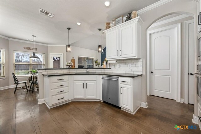 2015 Th Jones Mill Way, Salado, TX 76571 - kitchen featuring dishwasher, a sink, dark countertops, a peninsula, and white cabinetry