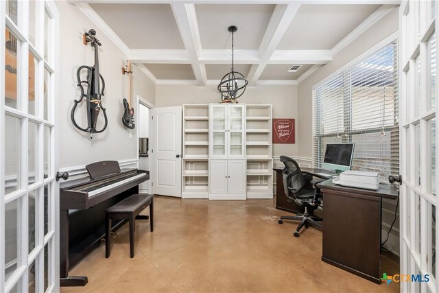 2015 Th Jones Mill Way, Salado, TX 76571 - home office featuring coffered ceiling, french doors, beamed ceiling, finished concrete flooring, and ornamental molding