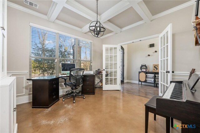 2015 Th Jones Mill Way, Salado, TX 76571 - office area featuring french doors, coffered ceiling, beamed ceiling, ornamental molding, and a chandelier