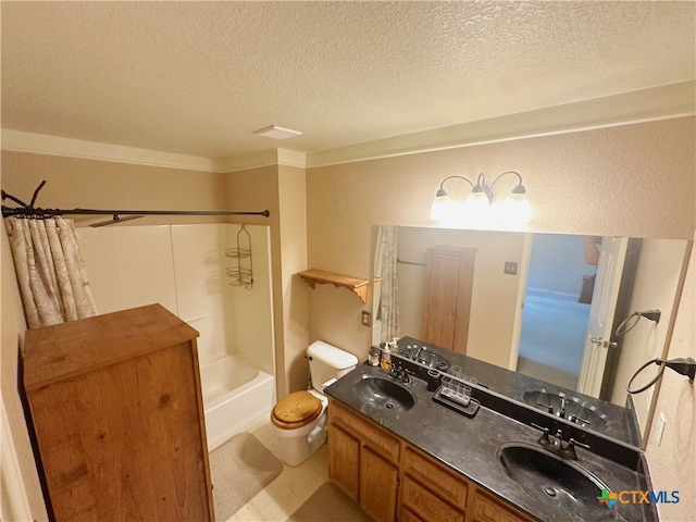 full bathroom featuring toilet, vanity, shower / bath combination with curtain, and a textured ceiling