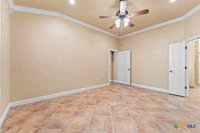empty room featuring ornamental molding, baseboards, a ceiling fan, and recessed lighting